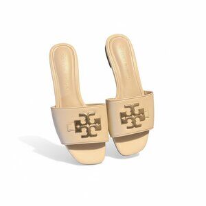 Tory Burch Eleanor Leather Slide Sandals Rose Pink Gold Logo Womens 6.5 / 23.5